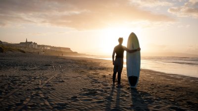 Surfer standing on beach in sunset