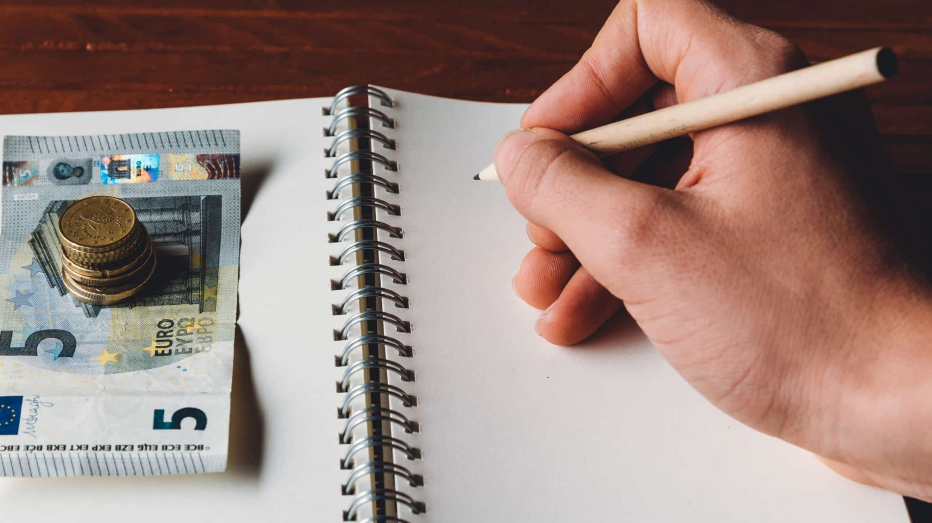 Photo of some euro notes and coins on one side of a notebook while a person uses a pencil to write on the other side - supplementary welfare allowance