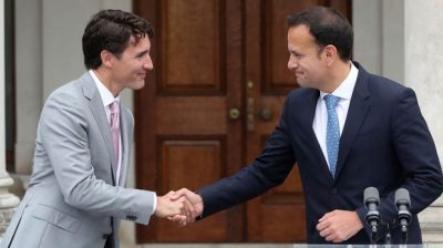 Canadian prime minister Justin Trudeau shaking hands with Taoiseach Leo Varadkar