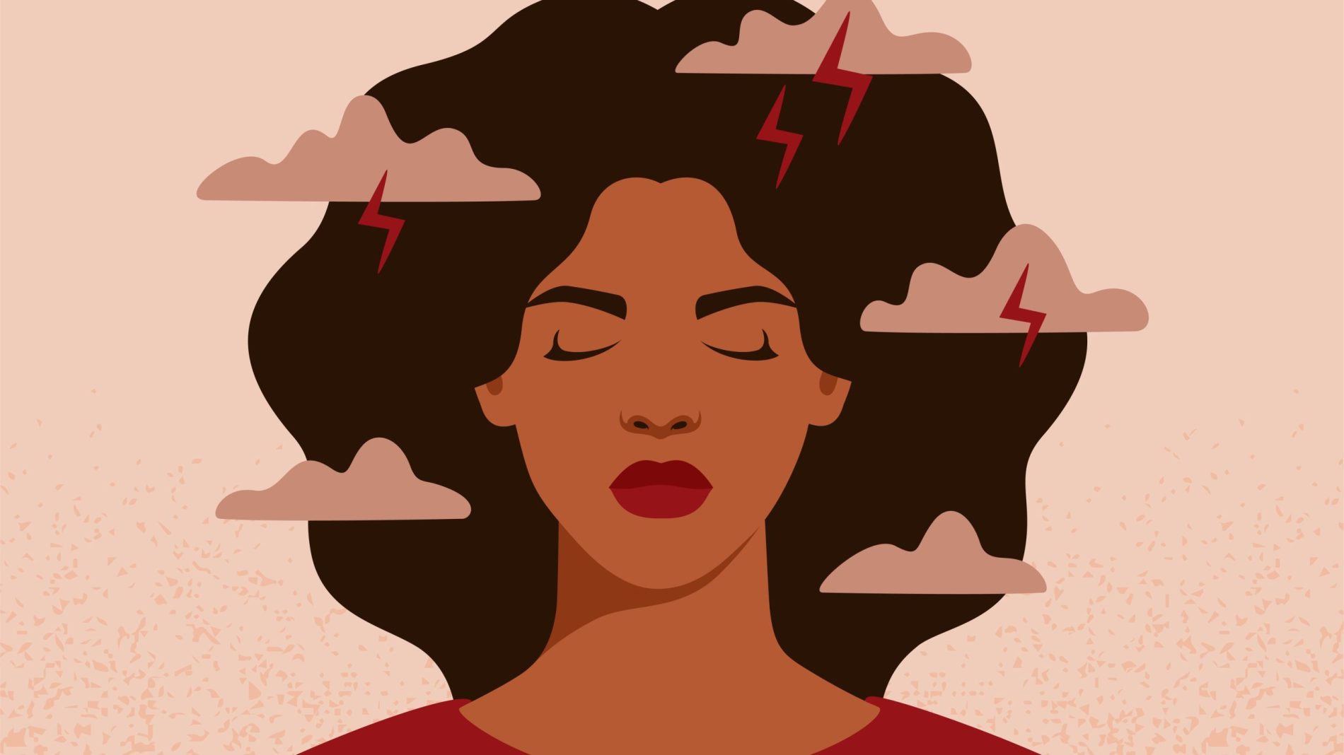 Illustration of a person with their eyes closed with thunder clouds around their head